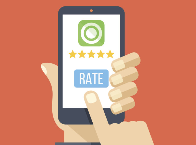 Rate app. Hand holds smartphone with 5 stars, rate button Octal Info Solution